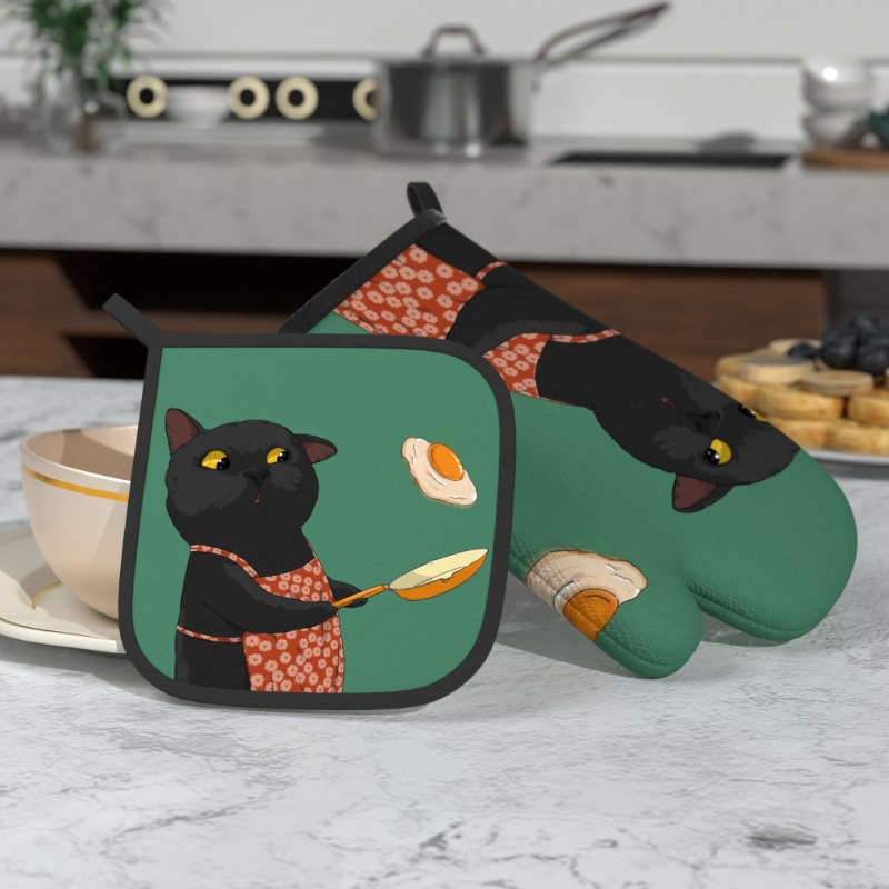 2pcs Cute Black Cat Oven Mitts Pot Holders Heat Resistant Polyester Machine Washable Pl