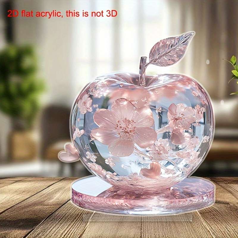 1pc 2D Flat  Acrylic Apple Decor with Pink Flowers Crystal Tabletop Ornament for Bedroom Living R