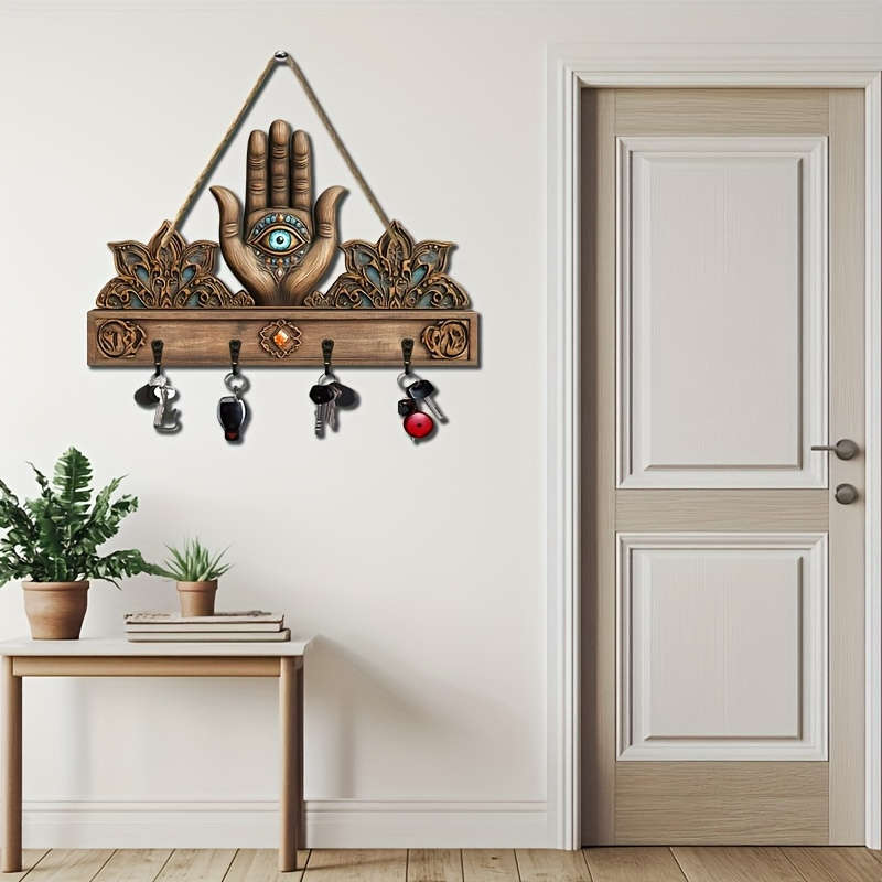 1pc Palm and All-Seeing Eye Simple and Colorful Wooden and Key Hook with Four Metal Hooks 30.0cm x