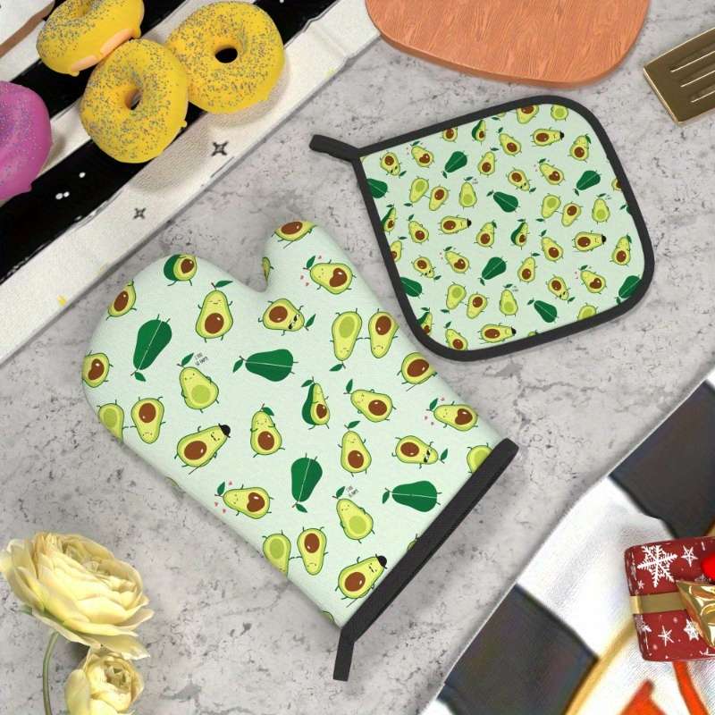 2pcs Avocado Pattern Oven Mitt Set Heat Resistant Polyester Kitchen Accessories Machine Washa