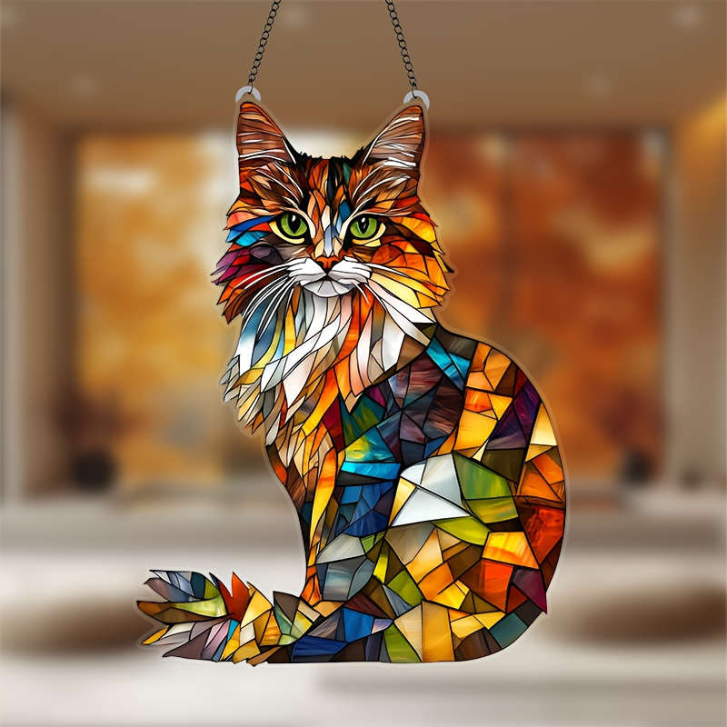 1pc 2D Flat   Acrylic Colorful Long-Haired Cat Sun Catcher 6.2x8 Inches Vibrant Mosaic Wall Ar