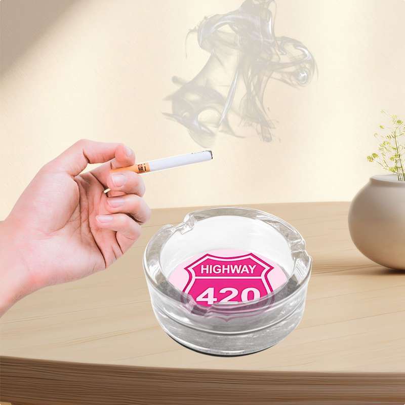 1pc Round Clear Glass Ashtray with Anti-Slip Base "Highway 10.67meter Pink Sign Design Modern De