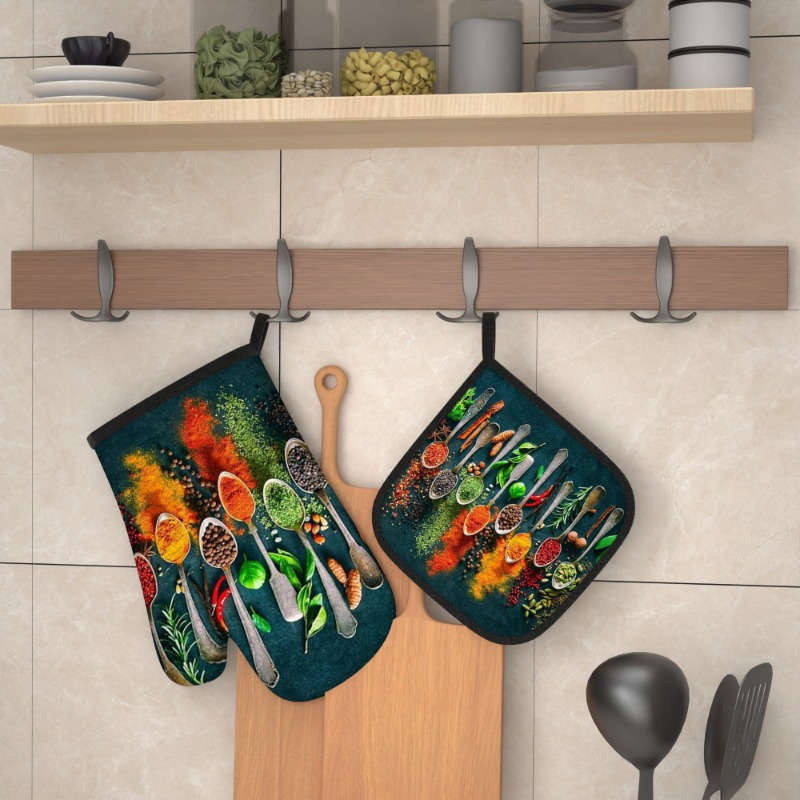 2pcs HeatGuard Kitchen Oven Mitts and Potholders Set Colorful Spices and Herbs Design 100% Po