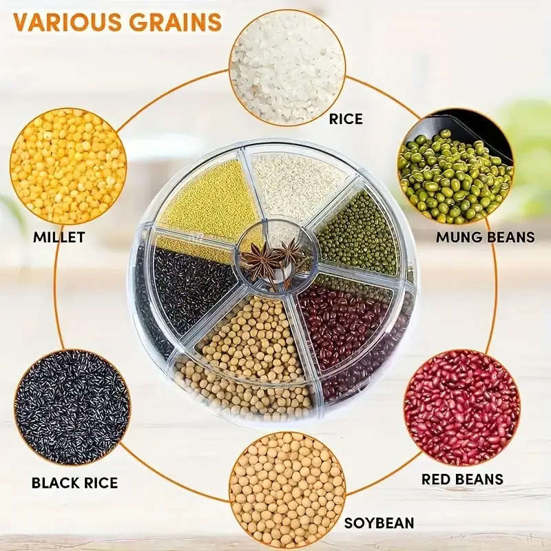 6-Compartment Rotating Rice Bucket with Transparent Lid Large Capacity Grain Storage Containe