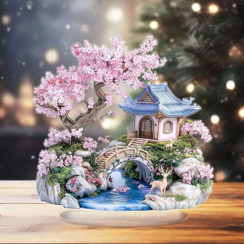 1pc 2D Flat  Bohemian Style Acrylic Cherry Blossom Tree Sculpture  Crystal Landscape Display wit