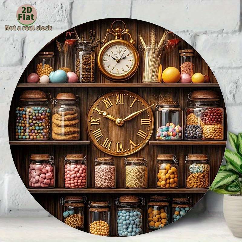 1pc 2D Flat Vintage Kitchen Wall Clock with Wooden Shelf Glass Jar Display 2D Flat Not real clock