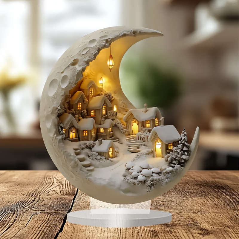 1pc 2D Flat  Bohemian Style Crystal Moon Phase Snowy Village Decor Dreamy Pastel Grey Acrylic P
