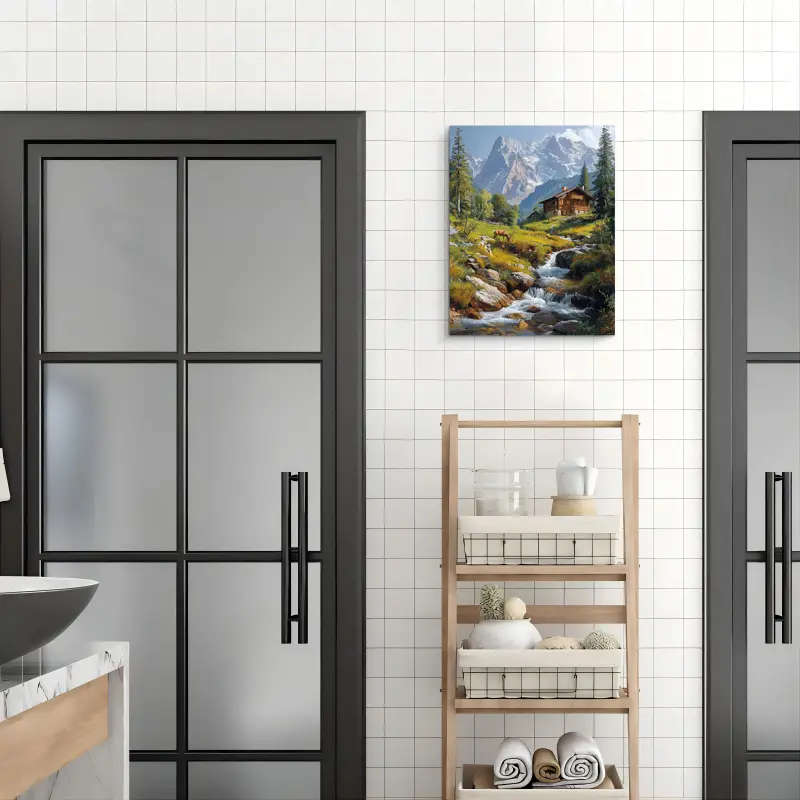 1pc Wooden Framed Canvas Painting an Oil Painting of The Picturesque Alpine Landscape Surrounded by