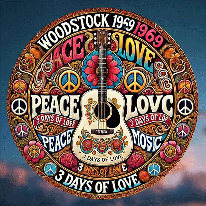 1pc 2D Plane  Woodstock 1969 Peace and Love 8-inch Metal Plaque Retro Iron Wall Art Classic