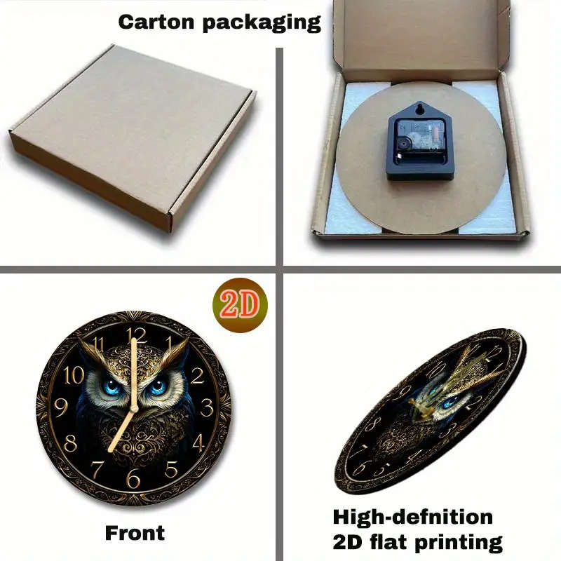1pc Round Silent Wooden Wall Clock 2D Flat Owl Design Manufactured Wood Dry Battery Power AA Battery