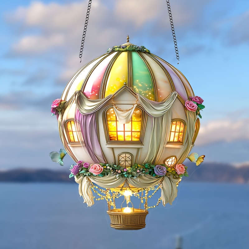 1pc 2D Flat   Acrylic Whimsical Hot Air Balloon Sun Catcher 15.24cm x 20.32cm Colorful Floral Theme