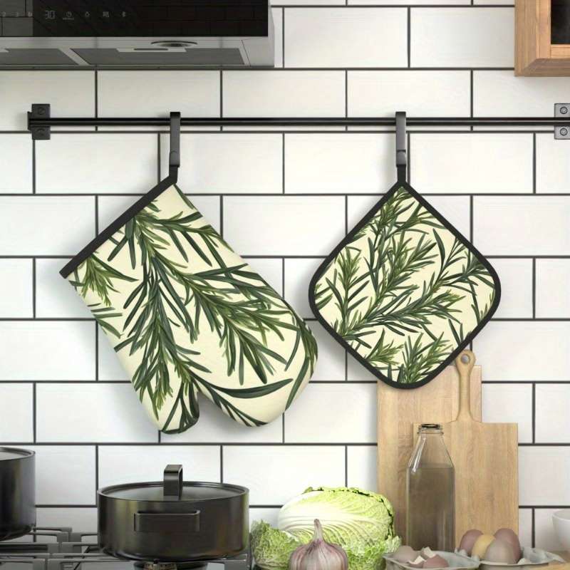 2pcs Botanical Print Oven Mitts Pot Holders Heat-Resistant 26.92x17.02cm Green Plant Desi