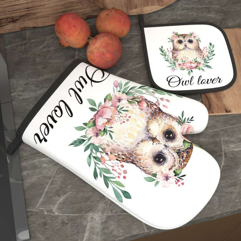 2pcs Set Owl Lover Themed Polyester Oven Mitts and Pot Holders 26.92x17.02 cm Heat Resistant