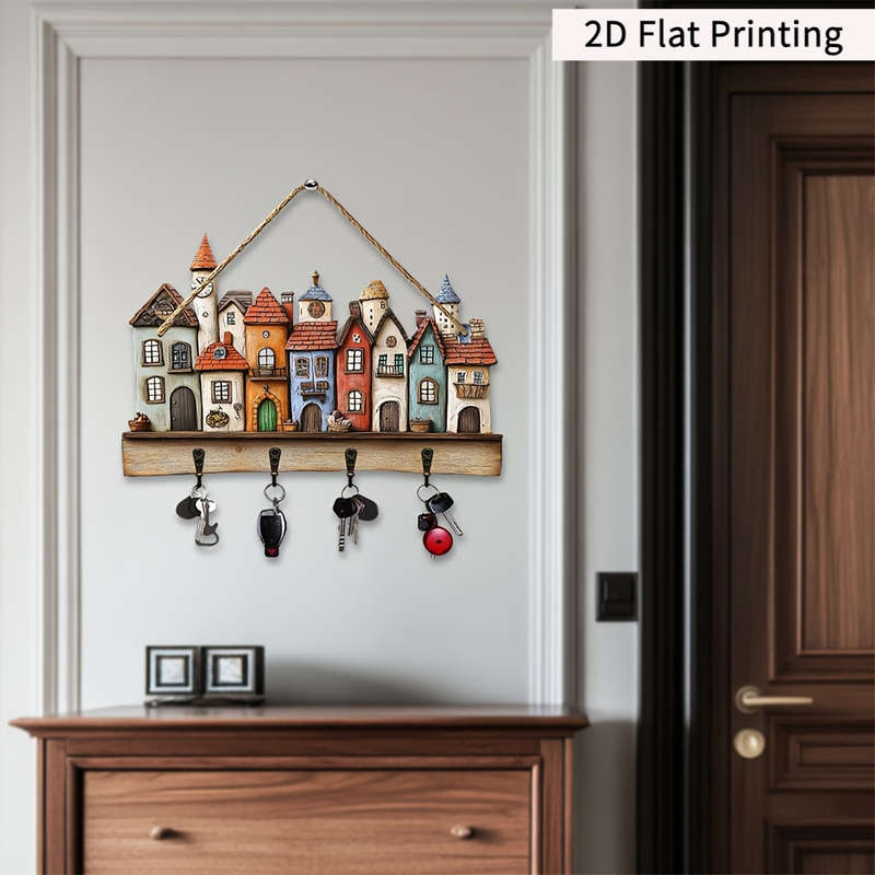 2D Flat Wooden TownhouseHome Wooden Key Holder 29.97 cm x 22.86 cm with Four Metal HooksMultif
