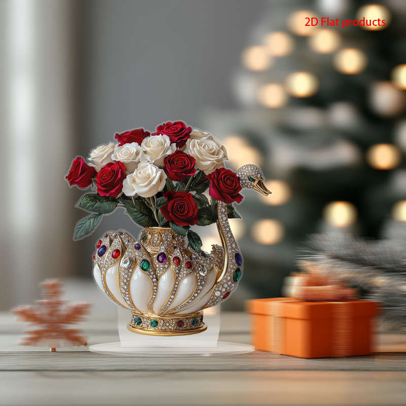 1pc 2D Flat  Elegance Swan Vase with Gemstone Embellishments White and Gold Acrylic Tabletop Deco