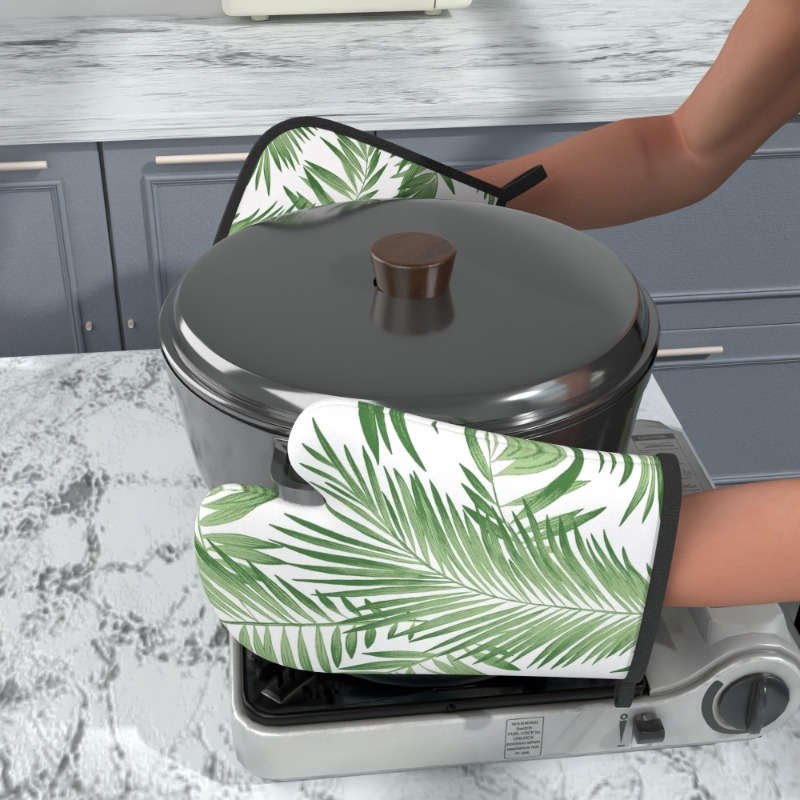 2pcs Summer Green Leaves Oven Mitts Pot Holders Set 26.92x17.02cm Heat Resistant Machine W