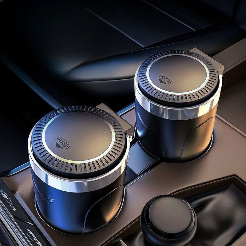 1pc LED Car Ashtray with Push-to-Open Cover Anti-Splash Metal Liner Durable Plastic Constructio