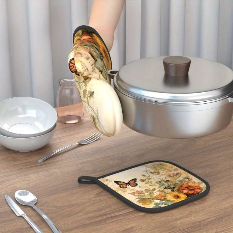 2pcs Vintage Floral Butterfly Heat-Resistant Oven Mitts 26.92x17.02 cm Polyester Kitchen Gl