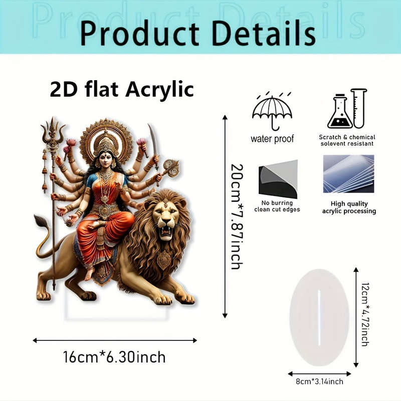 1pc 2D Flat   of Lion Acrylic Statue Durga a Vibrant Multi-Armed Hindu Goddess Symbolizing