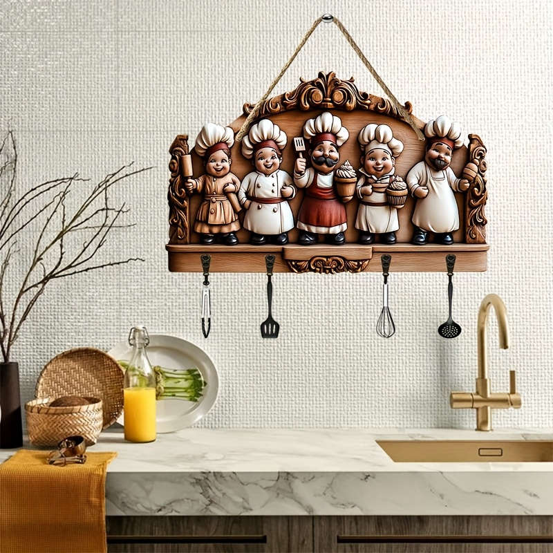 1pc Happy Chef Family Wooden Key HolderVintage Style Wall-Mounted Decor with Four Metal Hooks 2D