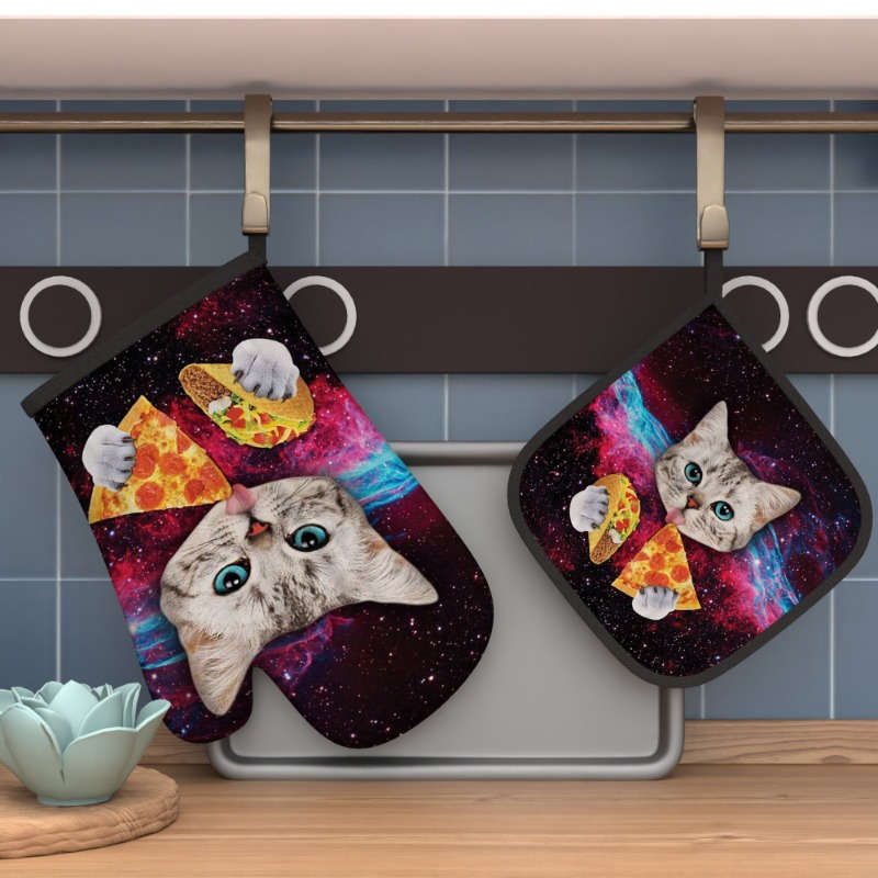 2pcs WhimsyCat Heat-Resistant Polyester Oven Mitts and Pot Holders Set 26.92x17.02 cm Cute Ki