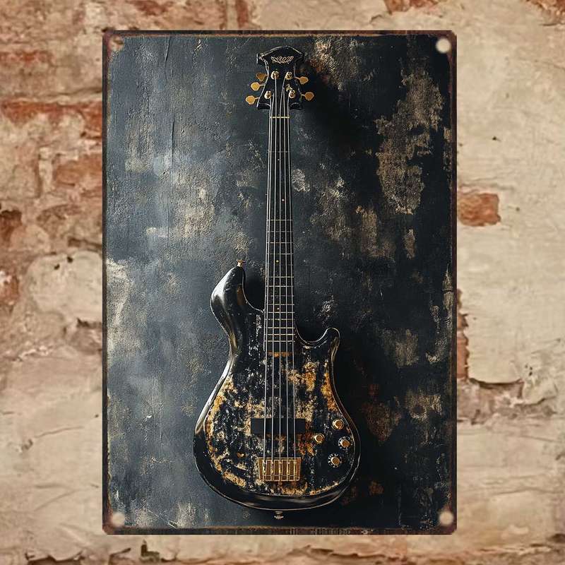 1pc  Vintage Electric Guitar Metal Sign 20.32x30.48 cm Retro Wall Art Rustic Black and Golden
