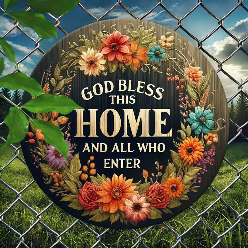 1pc Rustic Fiberboard Circular Sign 7.04x7.04 God Bless This Home Wreath Design Welcome Wall Art for