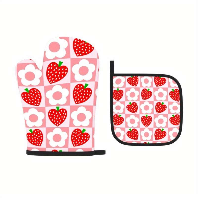 2pcs 26.92x17.02 cm Oven Mitts And Potholders Strawberry checkerboard Heat Resistant Oven Mitts