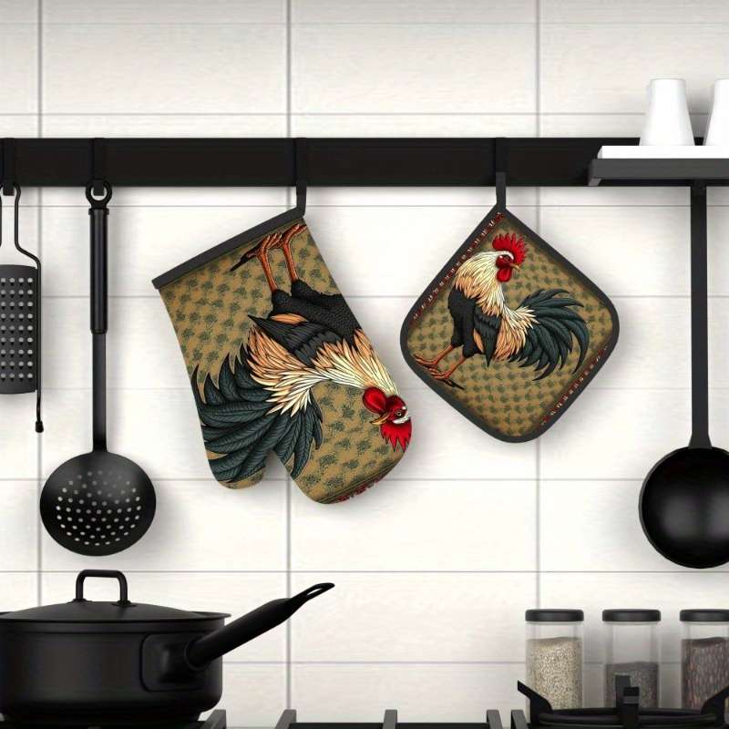 2pcs 26.92x17.02 cm Heat-Resistant Oven Mitts and Pot Holders Vibrant Rooster Design Durable