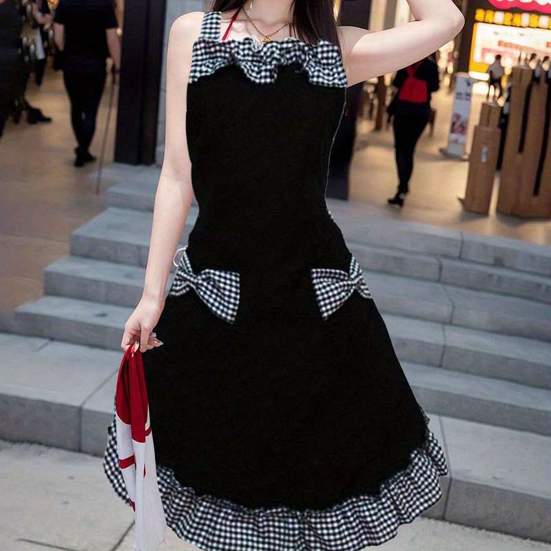 1pc Elegant Black and White Bow Apron Stain-Resistant Adjustable Straps Polyester Perfect for