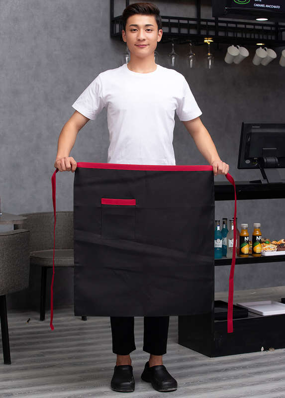 1pc Men's Black Canvas Chef Apron with Red Stripe Half-Length Server Kitchen Work Apron Durabl
