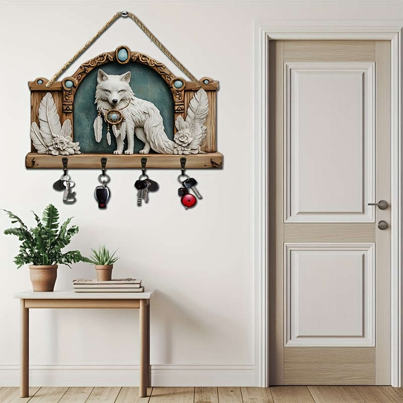 1pc 2D Flat Wolf and Dream Catcher Simple Colorful Wooden and Household Key Hook with Four Metal