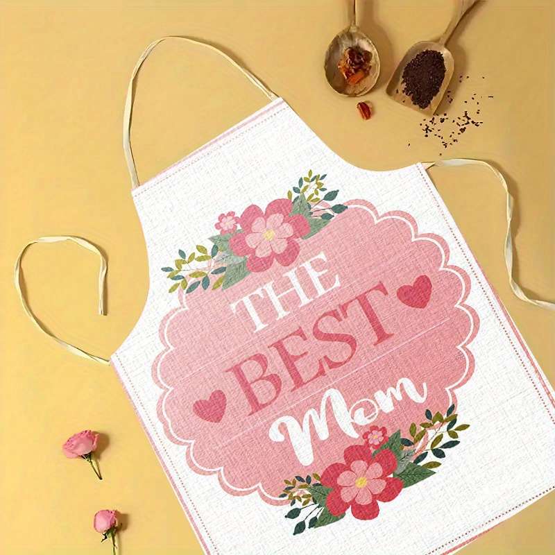 1pc Mother'S Day Apron Polyester Woven Adjustable Neck Floral "The Best Mom" Design Perfec