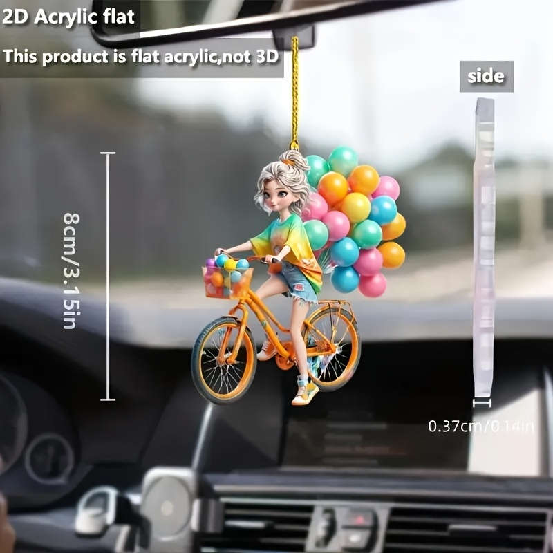 1pc 2D Flat   Cute Girl Riding Bicycle with Colorful Balloons Acrylic Hanging Ornament Vibrant
