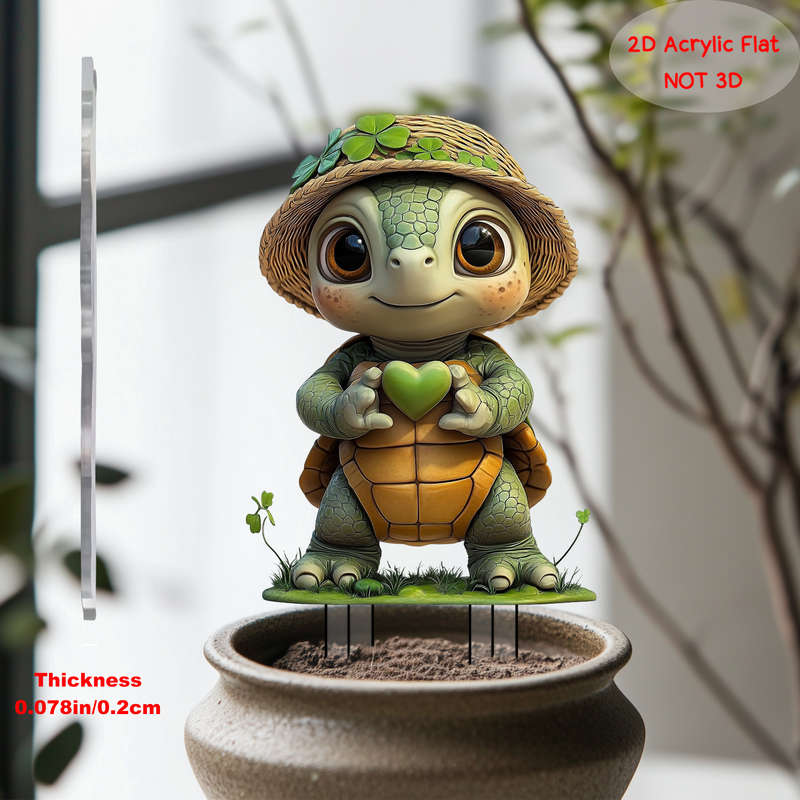 1pc 2D Flat    PrintingCute  Acrylic Turtle Garden Stake with Four Leaf Clover Vivi