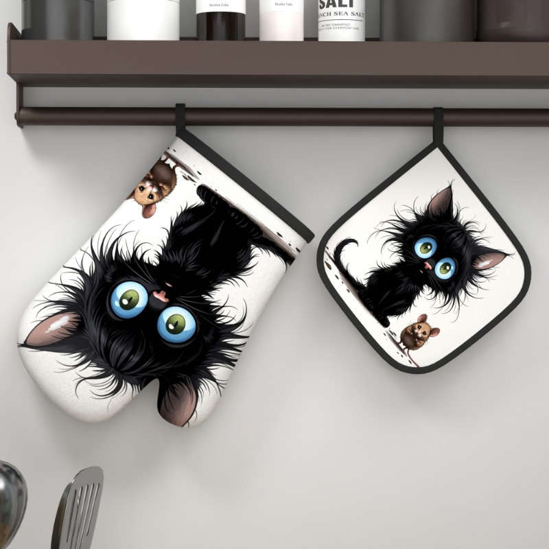 2pcs Heat-Resistant Oven Mitts Potholders Cute Black Kitten Brown Mouse Design 26.92x17.