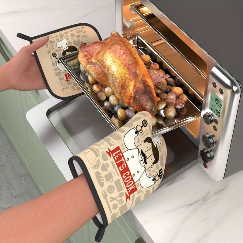 2pcs Master Chef Kitchen Oven Mitts and Potholders Set 26.92x17.02 cm Heat Resistant Polyeste
