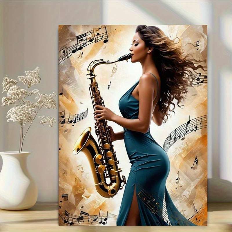1pc  Stylish Saxophone Player Canvas Art Graceful Female Musician in Teal Dress with Flowing Hai
