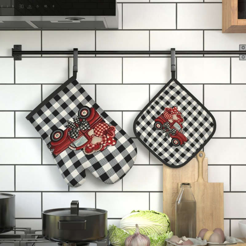 2pcs 26.92x17.02 cm Oven Mitts And Potholders Happy Valentine's Day Black and white checkered T