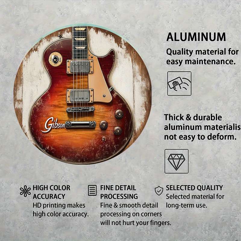 1pc Vintage Gibson Guitar Aluminum Wall Art Sign 19.81x19.81 cm Round Metal Decor with Distressed