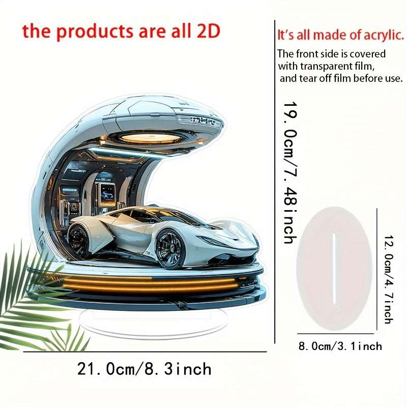 1pc 2D Flat  Bohemian  Acrylic Sports Car Gas Station Decorative Sign with Stand Sleek White