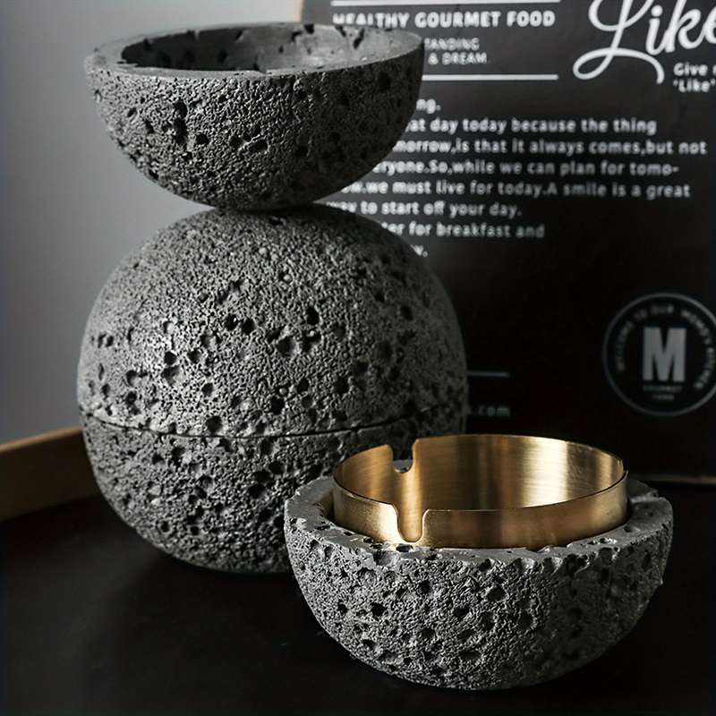 1pc Moon-Shaped Windproof Ashtray with Lid C Stylish Concrete Stainless Steel Design Golden