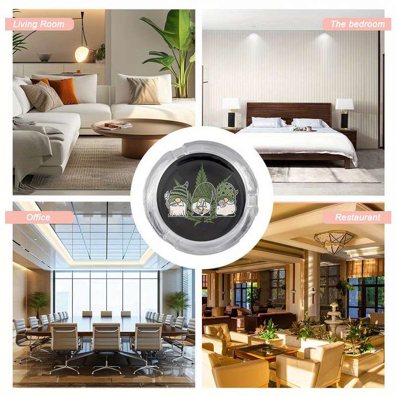 1pc Round Clear Glass Ashtray Black Background with Tri-color Geometric Plant Design Modern Desk