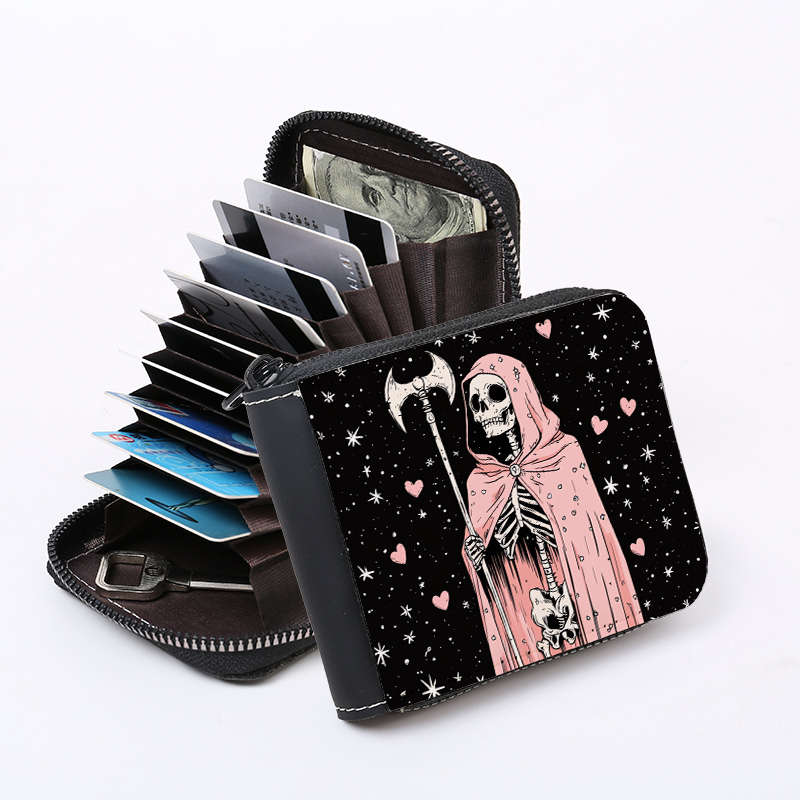 1pc Grim Reaper Pink Skull Print Wallet with 9+2 Card Slots C Stylish Zippered Purse for Everyday U