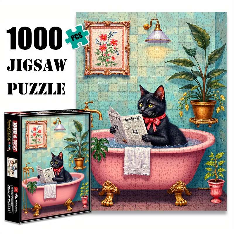 1000pcs Black Cat in Bathtub Jigsaw Puzzle Large Challenging DIY Family Game with