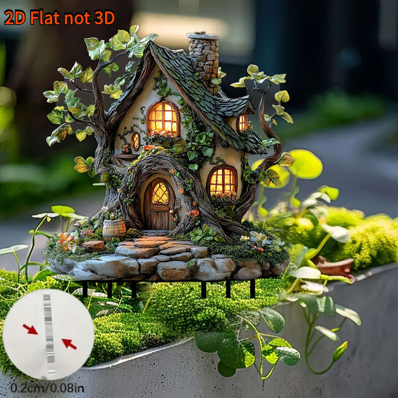 1pc 2D Flat   Decor Suitable for Four Seasons Bohemian Fairy Tale Tree House Garden Stake