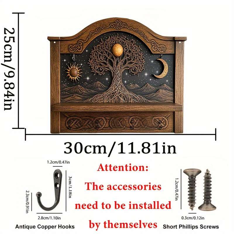 1pc Tree of Life Wall Art with Moon  Sun DesignTraditional Wooden Key Holder Organizer 30.0cm x