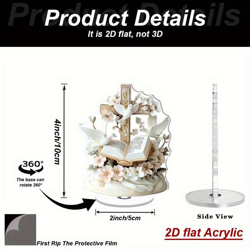 1pc 2D Flat  Acrylic 3D Cross Pendant with Doves Flowers and Open Bible Rotating Crystal Desktop