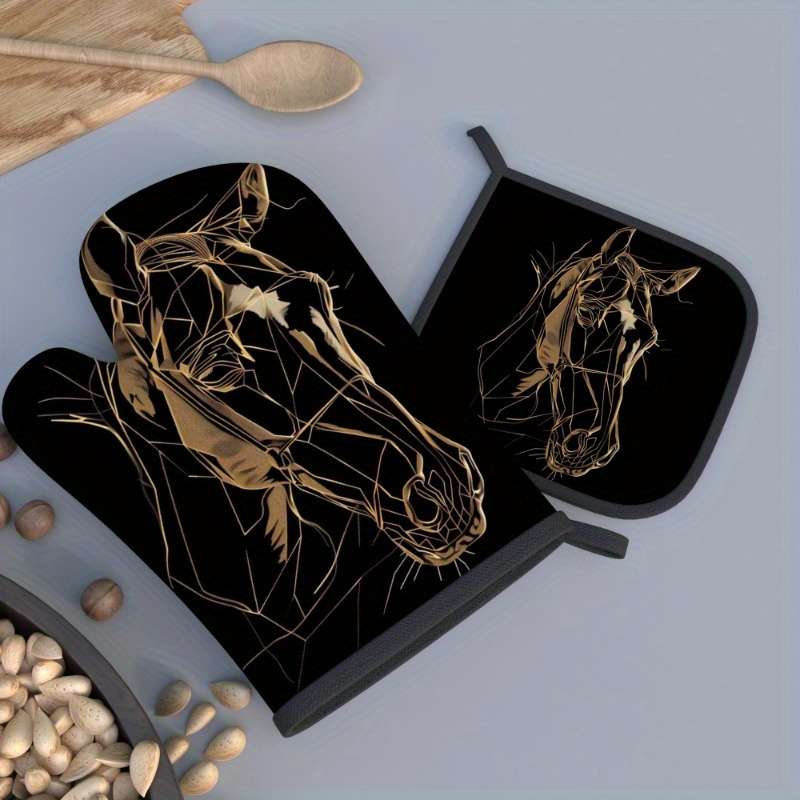 2pcs Golden Horse Sketch Oven Mitts Potholders Heat Resistant Non-Slip Kitchen Gloves for