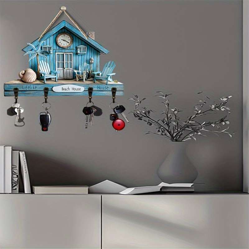 2Dflat Simple Colorful Wooden with Home Key Hook Comes with Four Metal Hooks 30.0cm x 24.99cm 2D